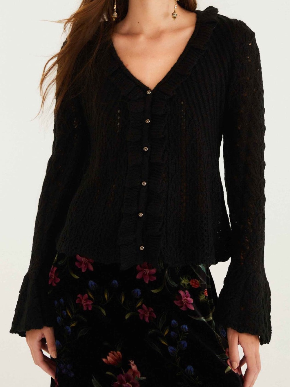 FARM Rio Lace Stitch Ruffles Bell Sleeve Knit Cardigan NWT Size XL